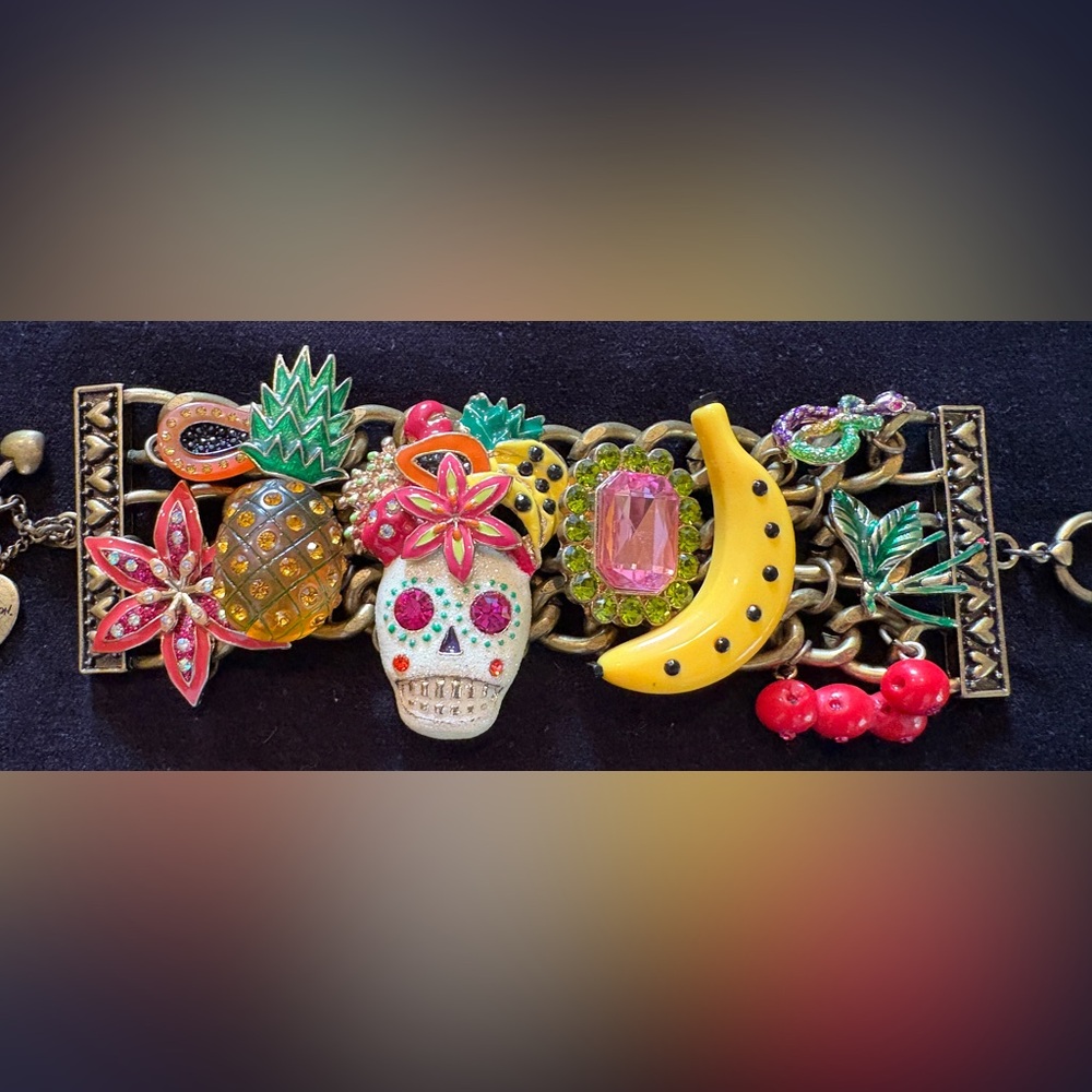 Betsy Johnson Colorful Charm Bracelet Collectible with Skull and Fruit Accents